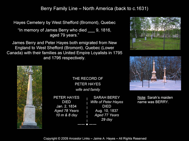 James Berry & daughter Sarah - Hayes Cemetery, West Shefford (Bromont), Quebec