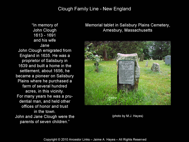 John Clough - Memorial - Salisbury Plains Cemetery, Mass.