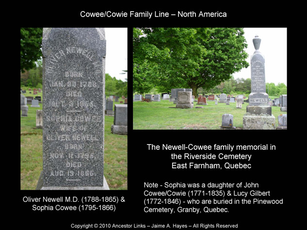 Sophia Cowee & Dr. Oliver Newell, Riverside Cemetery, East Farnham, Que.