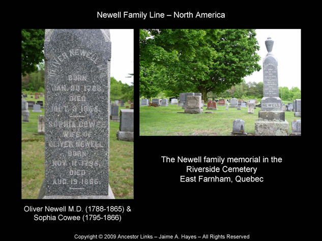 Dr Oliver Newell Gravestone in Riverside Cemetery in East Farnham Que