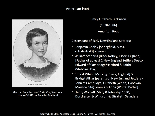 Notable Descendant - Emily Elizabeth Dickinson - American Poet