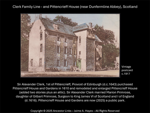 Clerk Family Line - and Pittencrieff House, Scotland