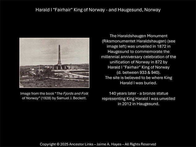 Harald I Fairhair King of Norway - and Haugesund, Norway