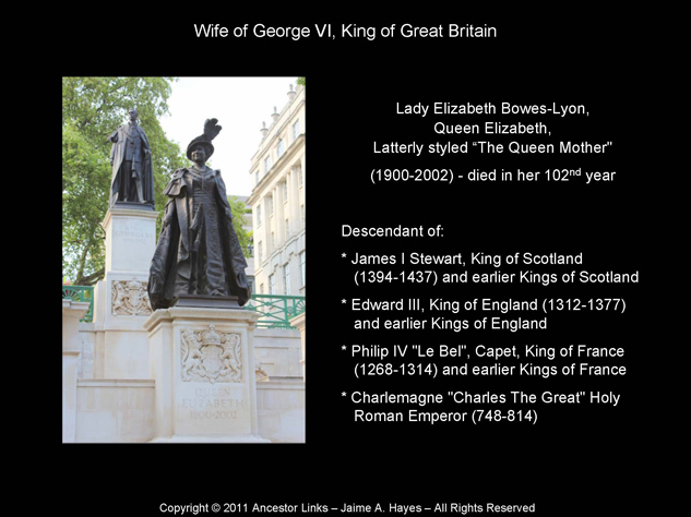 Lady Elizabeth Bowes-Lyon, 
Queen Elizabeth, Latterly styled The Queen Mother - Wife of George VI, King of Great Britain