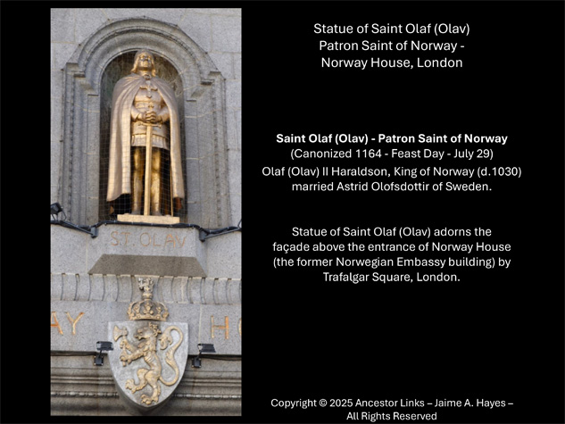 Statue of Saint Olaf (Olav) Patron Saint of Norway -
          Norway House, London